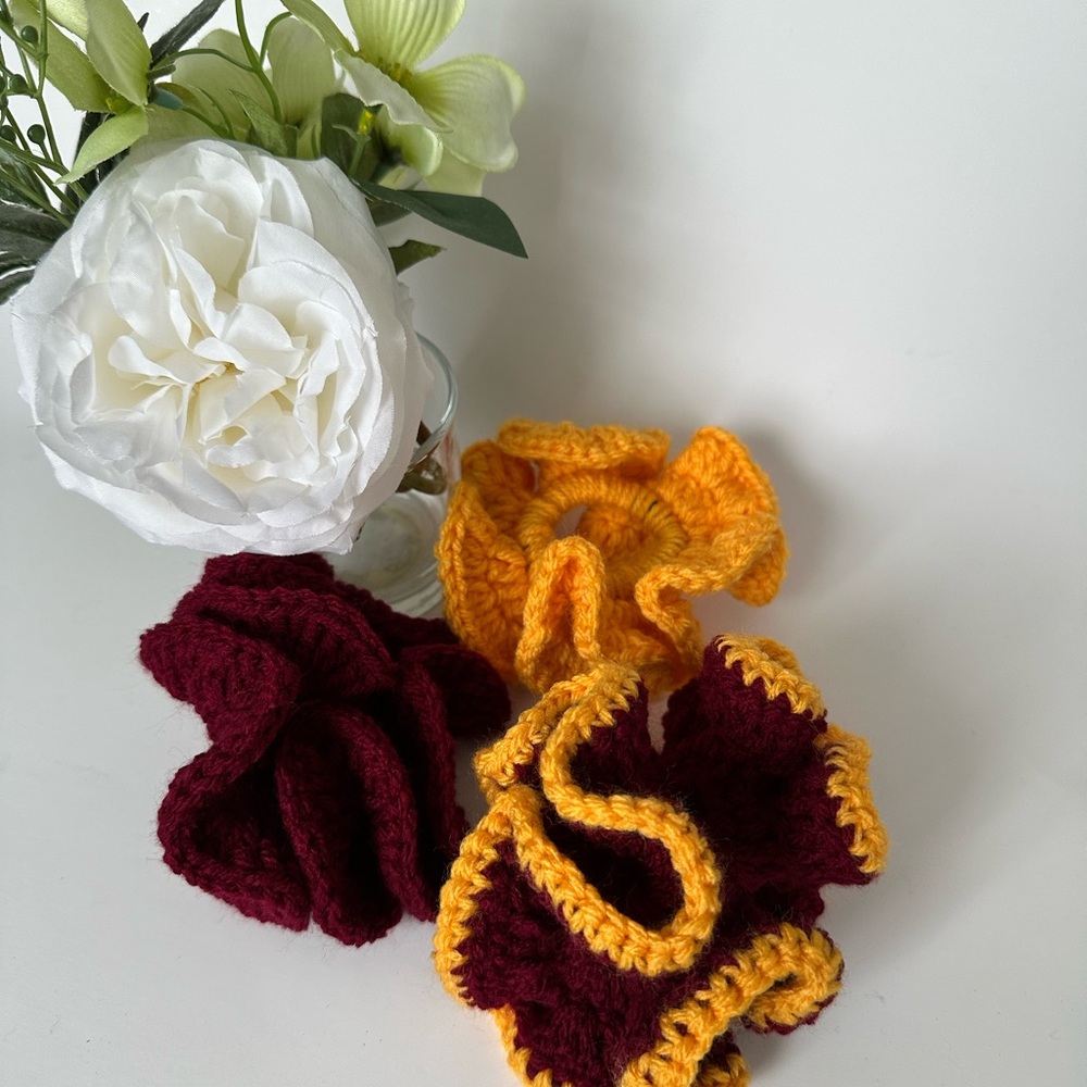 Crochet Scrunchies Handmade. Burgundy, and gold combination colors.
